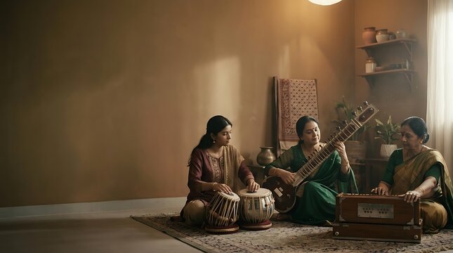 Indian women playing traditional classical musical instruments