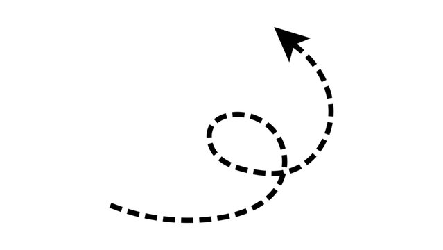 Hand-drawn curly black dotted loopy line arrow movement indicator dashed path, navigation, pointer or direction symbol isolated on transparent background. Vector illustration.