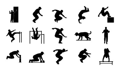 Urban Parkour Silhouette Icons: Dynamic Athlete Actions, Free Running Movement, Acrobatics, and Extreme Sports Vector Set © Kazi