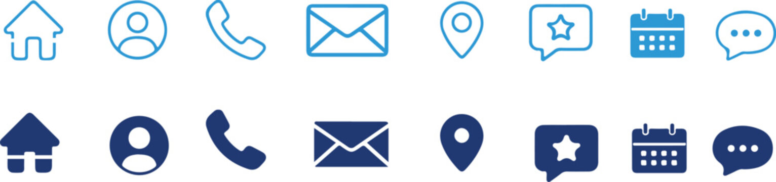 Communication Icon Set. Home, phone, user, globe, email, calendar and location elements form a clean communication vector illustration.