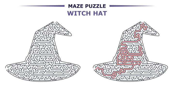 Maze challenge with answers witch hat triangle grid Halloween puzzle for kids