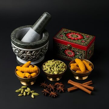  Indian spice ritual props, featuring an authentic carved stone mortar and pestle, small brass bowls filled with vibrant whole turmeric roots, green cardamom pods, star anise, and cinnamon sticks, acc