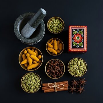  Indian spice ritual props, featuring an authentic carved stone mortar and pestle, small brass bowls filled with vibrant whole turmeric roots, green cardamom pods, star anise, and cinnamon sticks, acc