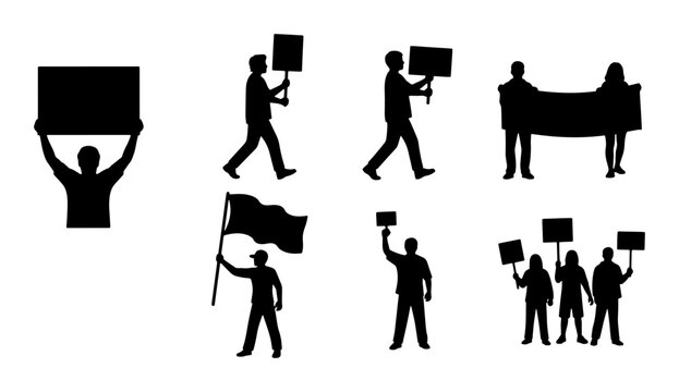 Protestors Holding Signs and Banners, Silhouette Vector Icons Set, Demonstration and Activism Graphics