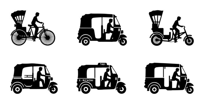 Auto Rickshaw and Cycle Rickshaw Icons, Set of 6 Black and White Vector Illustrations, Traditional Asian Transport Silhouettes for Commercial Use