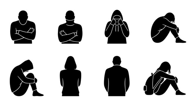 Vector Icons: Diverse Human Silhouettes Depicting Sadness, Isolation, and Mental Health Struggles, Set of 8 Black Figures
