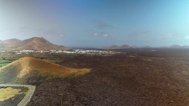 Aerial view of lava fields and Uga town, Lanzarote, Spain