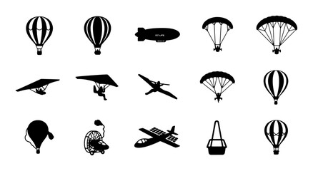 Vector Icons: Hot Air Balloons, Airships, Parachutes, Gliders, Airplanes, and Gondolas. Set of 15 Aviation and Adventure Symbols. © Kazi