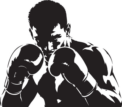 Strong boxer man in fighting stance with boxing gloves black and white illustration