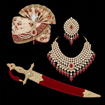  traditional Indian groom wedding attire accessories, featuring an embroidered silk safa turban cloth, an ornate jeweled kalgi turban brooch pin, a heavy multi-layered beaded gemstone necklace, and a 