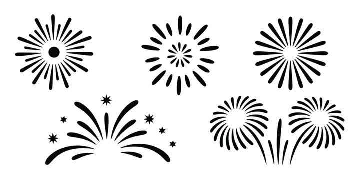 Firework icons set, black festive explosion symbols, celebration graphics elements, party sparkle burst vector design collection.