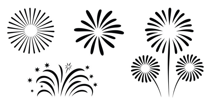 Firework icons set, black festive explosion symbols, celebration graphics elements, party sparkle burst vector design collection.