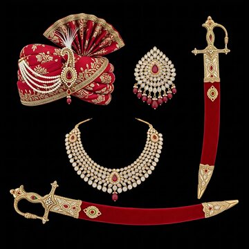  traditional Indian groom wedding attire accessories, featuring an embroidered silk safa turban cloth, an ornate jeweled kalgi turban brooch pin, a heavy multi-layered beaded gemstone necklace, and a 