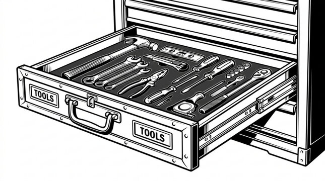 Open toolbox drawer with tools inside, metal hardware organizer