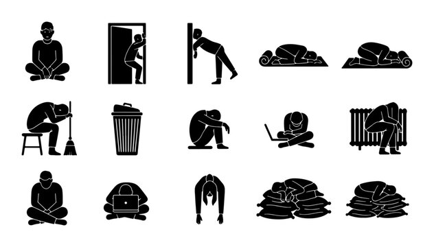 Sadness and Despair Icon Set, Mental Health Struggle Vector Graphics, Emotional Distress Silhouettes, Human Sadness Collection, Grief and Loneliness Symbols