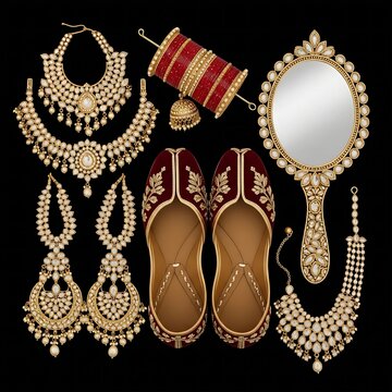 traditional Indian wedding bridal accessories, featuring heavy gold kundan jewelry sets, intricate red and white chooda bangles, a pair of ornate velvet bridal mojari shoes, and a decorative decorated