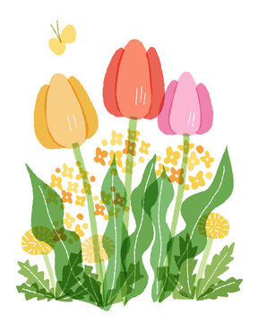 春の花のクリップイラスト　チューリップとたんぽぽ・菜の花
