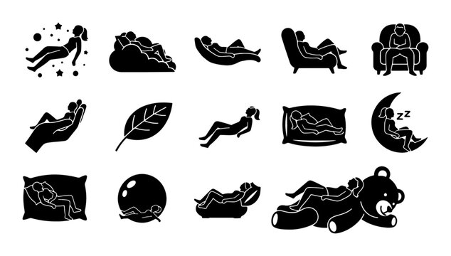 Relaxation Icons Set, Peaceful Sleep and Rest Vector Graphics, Calmness and Leisure Symbols Collection
