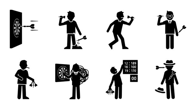 Dart Game Icon Set, Stick Figure Player Actions, Sports Competition Vector Graphics, Scoreboard and Target Elements