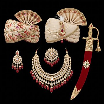  traditional Indian groom wedding attire accessories, featuring an embroidered silk safa turban cloth, an ornate jeweled kalgi turban brooch pin, a heavy multi-layered beaded gemstone necklace, and a 