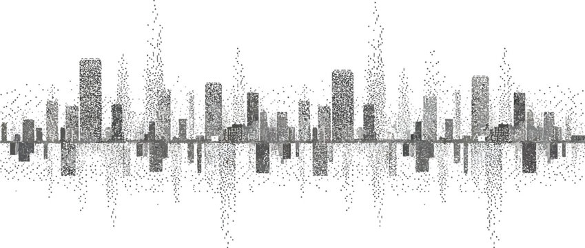 Abstract city skyline illustration created from small particles representing data or modern technology in a dynamic digital art style vector graphic design