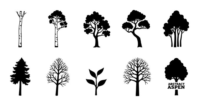 Diverse Tree Silhouettes Collection, 10 Vector Icons for Nature and Ecology Designs, Woodland and Forest Elements
