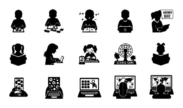 Education Icons Set: Learning, Studying, and Technology Concepts for Digital Resources, Student Activities, and Online Courses