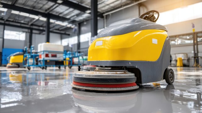 Industrial Floor Cleaning Machine in Action at Large Warehouse with Shiny Clean Floor Surface