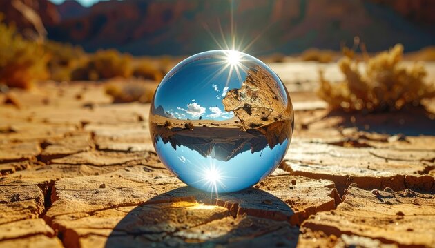 A crystal glass orb sits on a cracked desert floor, reflecting an inverted landscape with mountains and a bright sun under a blue sky, captured in a cinematic widescreen banner.