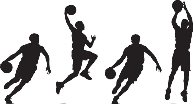 Set of four basketball players in action silhouettes performing jump shots and dribbling with a ball
