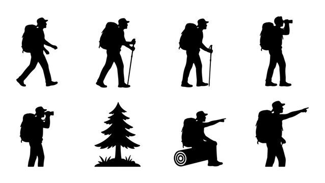 Silhouette Hikers Set, 7 Vector Icons of Backpackers Exploring Nature, Outdoor Adventure Graphics, Camping and Trekking Poses, Black and White Icons