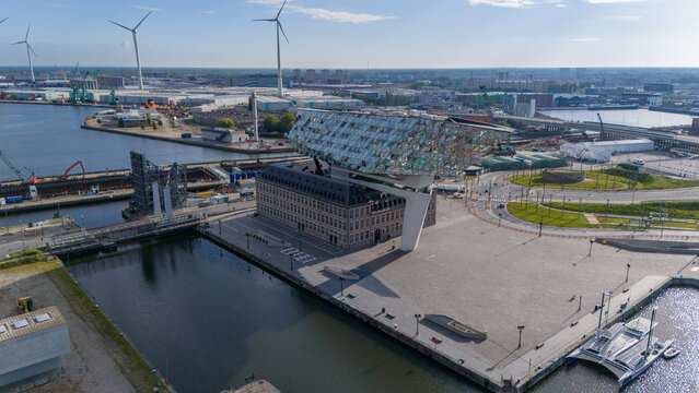 Antwerp, Belgium - May 16, 2026: Aerial veiw of the Port Authority Building (Dutch: Havenhuis. Antwerp port administration headquarters.