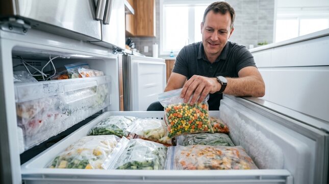 Man organizing frozen food bags while sitting by freezer in kitchen  