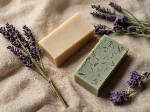 Elevated view of natural herbal soap bars with fresh lavender flowers