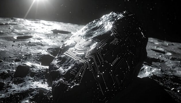 Futuristic liquid metal circuits forming intricate organic patterns on a dark textured asteroid on a barren lunar surface under intense starlight, captured in a cinematic widescreen composition.