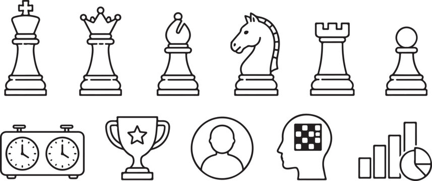 Set of chess pieces and game icons including a clock trophy player profile head and business charts in line art style