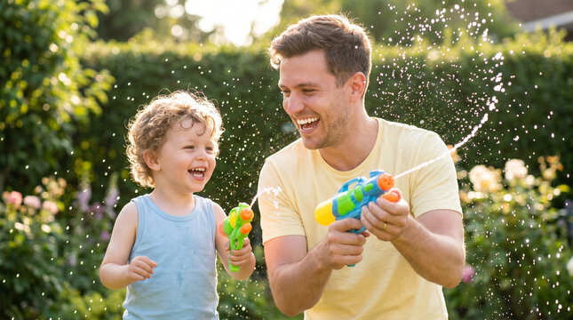 Generative AI: Happy dad and his little son playing with water guns in a sunny summer garden. Joyful celebrating Father's day concept and active family lifestyle.