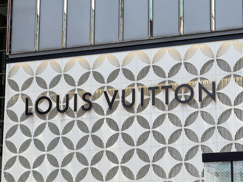 Kuala Lumpur, Malaysia - April 12, 2026: Louis Vuitton Store Facade with Geometric Monogram Pattern and Brand Lettering