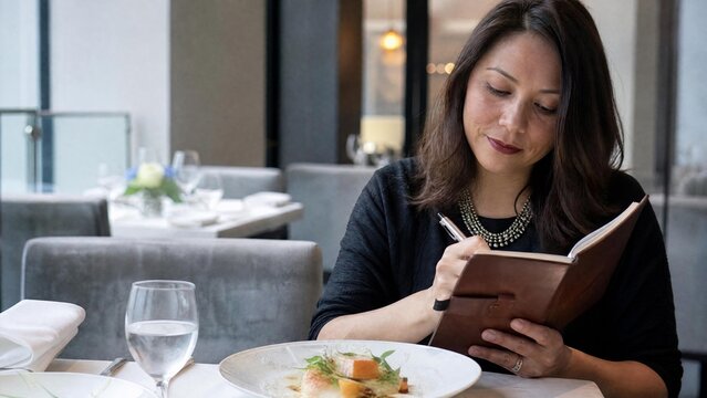 Professional Woman Writing in Journal While Dining at Luxury Restaurant