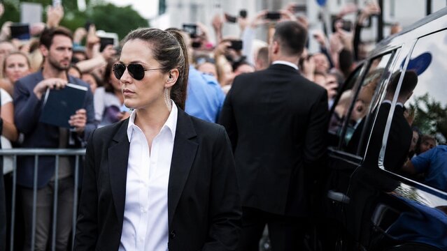 Female Professional Bodyguard Protecting VIP from Paparazzi Crowd