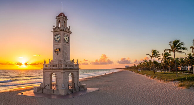 Historic Clock Tower on a Tropical Beach at Sunrise with Palm Trees and Ocean
