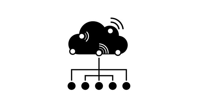 Cloud computing icon with network connection and wireless signals, representing data storage and internet connectivity.