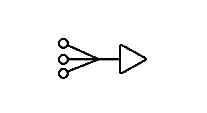 Abstract representation of data merging or signal aggregation with a directional arrow indicating output on a white background