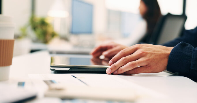 Hands, person and closed laptop in office for productivity, finish project and deadline of investment. Employee, coworking and done with pc, task completion and end of shift at accounting company