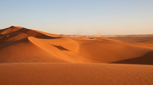 Rolling orange sand dunes under a clear blue desert sky