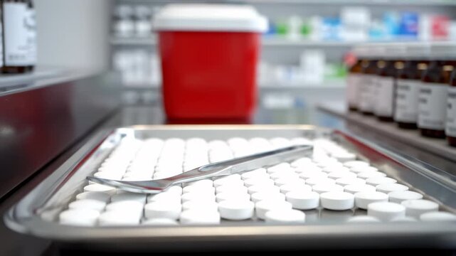 White round pills are arranged on a silver metal tray with a spatula and containers
