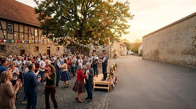 People dancing and celebrating at a village folk festival at sunset