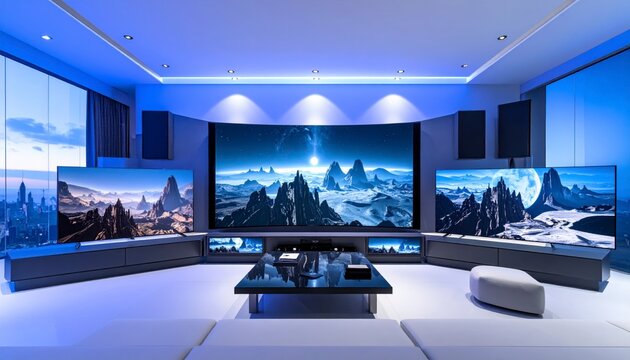 Ultra modern home theater room featuring large curved television screens displaying sci fi alien planet landscapes, perfect for creating a futuristic entertainment experience.