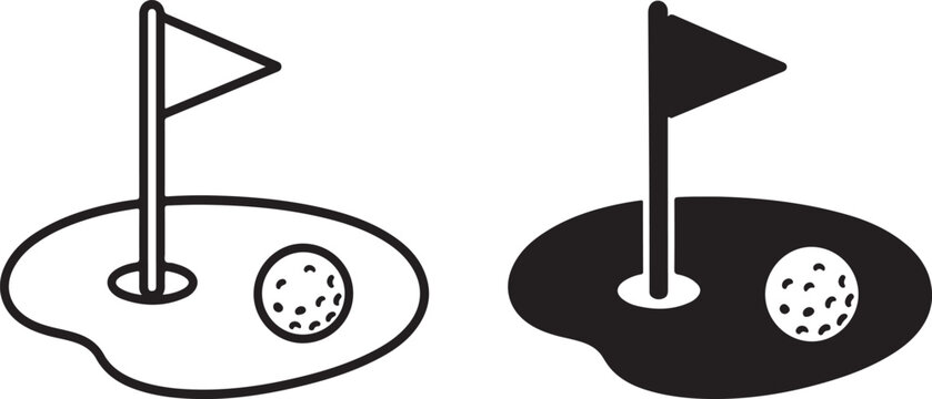 Two simple black and white golf hole icons with a ball and a flag on a putting green for sports and games design
