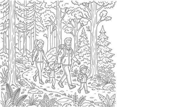 Coloring page of a family with children hiking together on a forest trail.